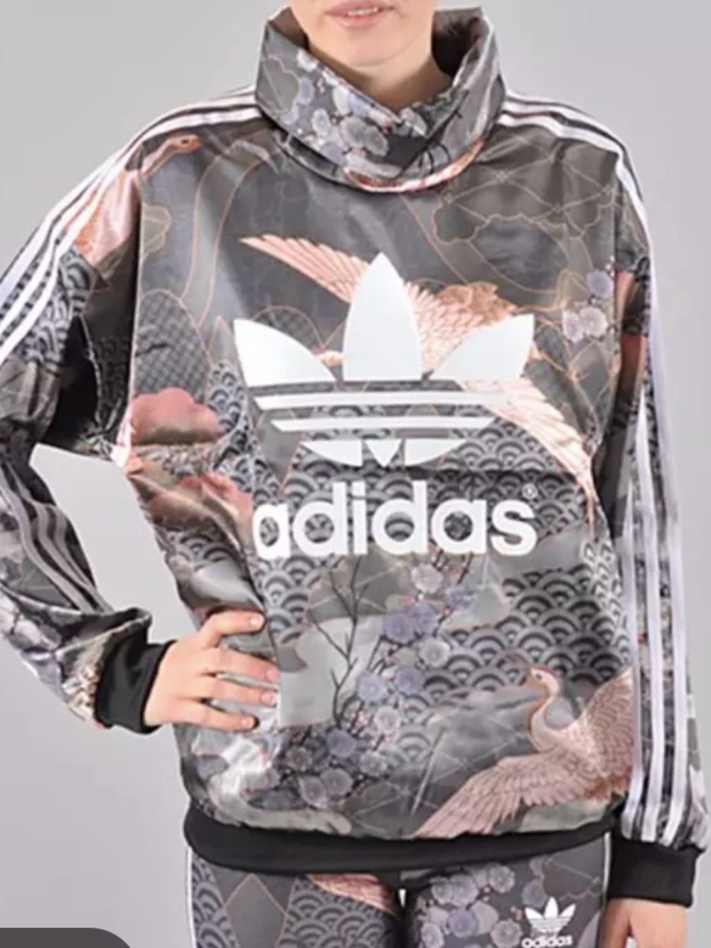 Adidas X Rita Ora Floral Crane Pullover in Gray & Pink